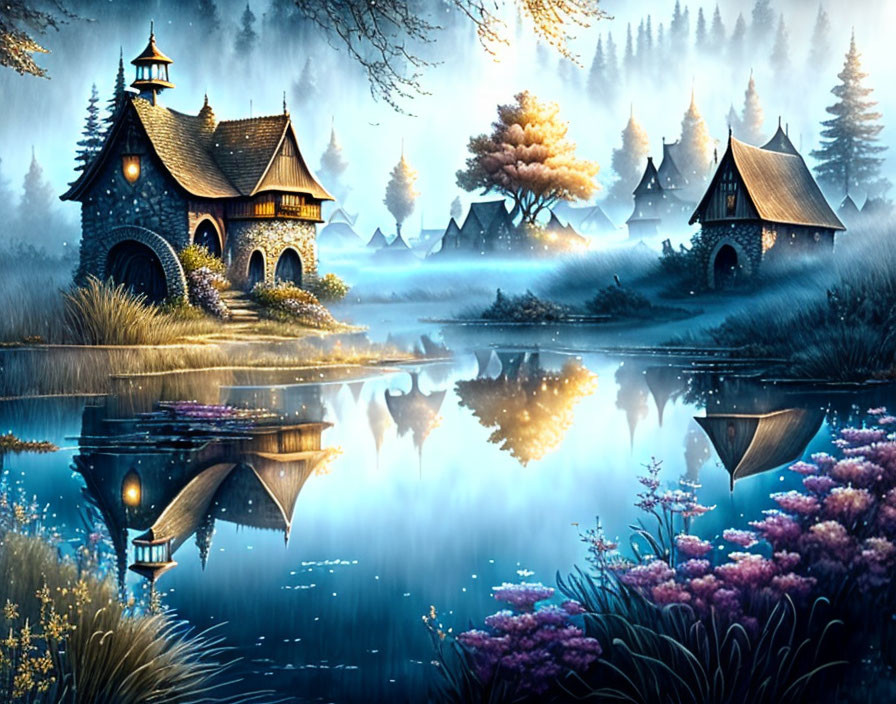 Twilight scene with fairy-tale cottages by a reflective lake