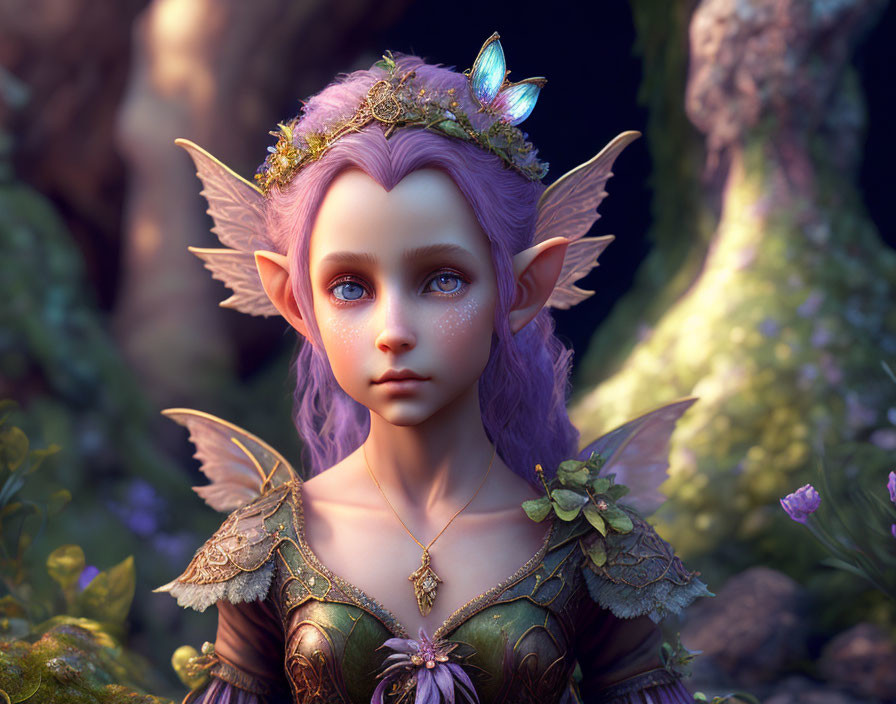 Fantasy digital artwork of purple-haired elf with butterfly and nature-inspired attire