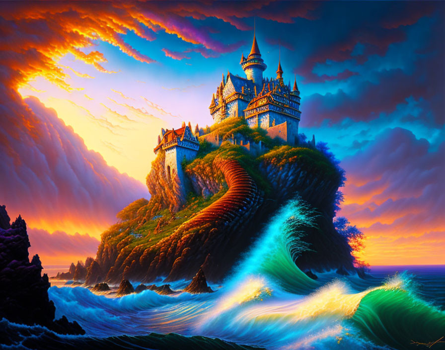 Majestic castle on lush cliff overlooking dramatic sunset sea