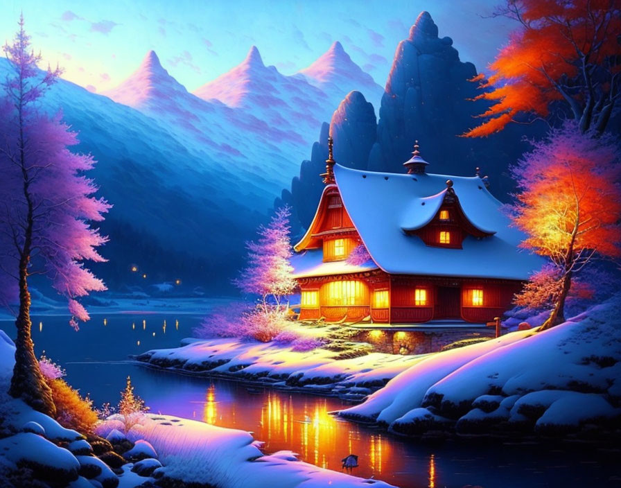 Traditional house by snow-covered lake in twilight landscape