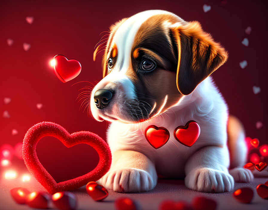 Illustrated Puppy with Heart-shaped Tag on Red Background