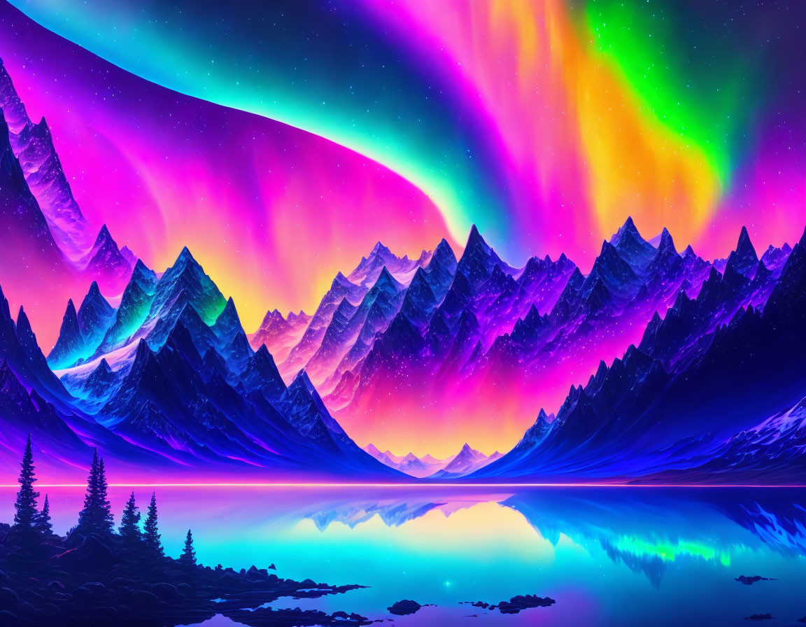 Digital Art: Colorful Aurora Borealis Over Mountain Range