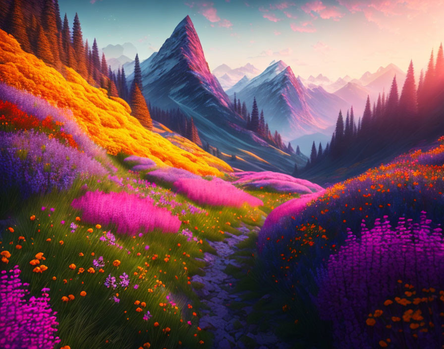 Colorful Flower Meadow Landscape at Sunset with Mountains