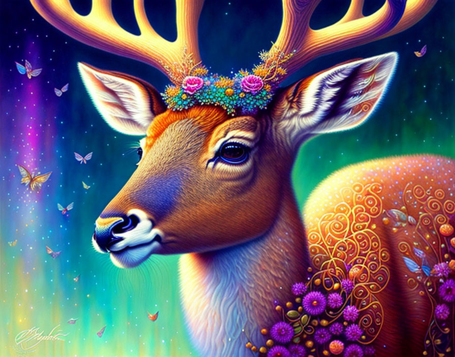 Colorful Majestic Deer Illustration with Floral Patterns and Butterflies