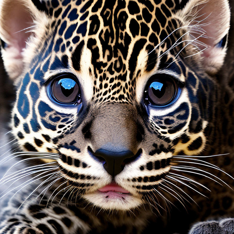 Young jaguar with vibrant blue eyes and intricate fur patterns.