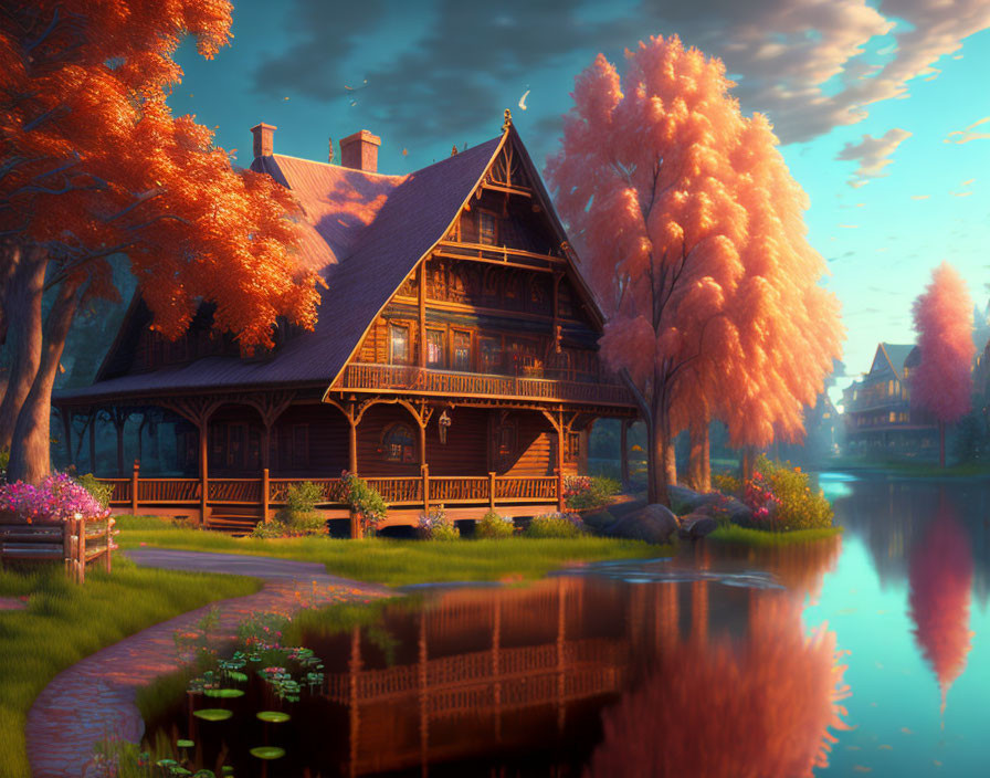 Tranquil riverside wooden house amid autumnal foliage