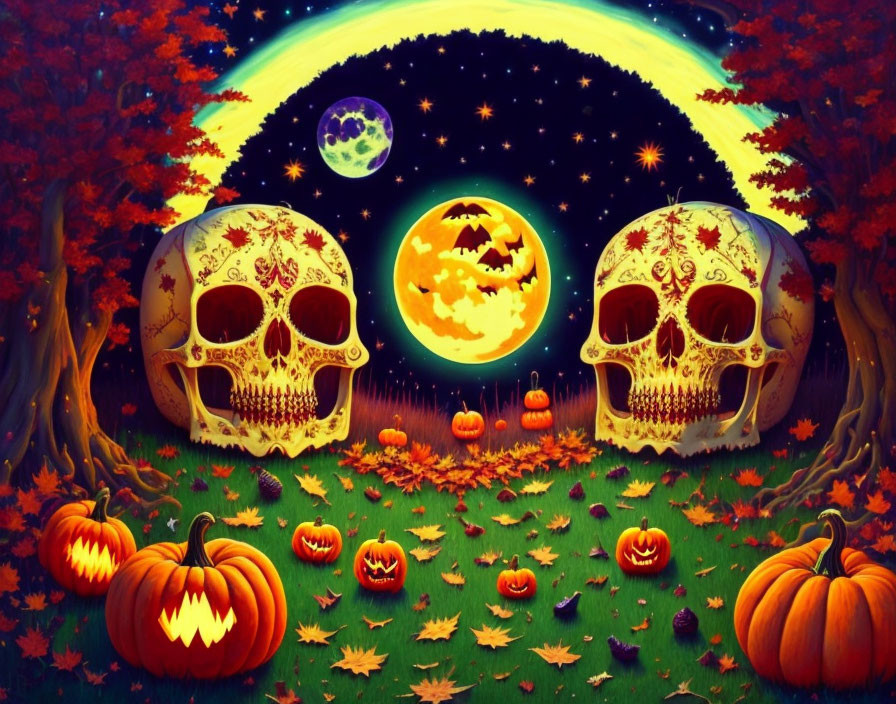 Colorful Halloween-themed scene with skulls, pumpkins, leaves, moon, and stars.