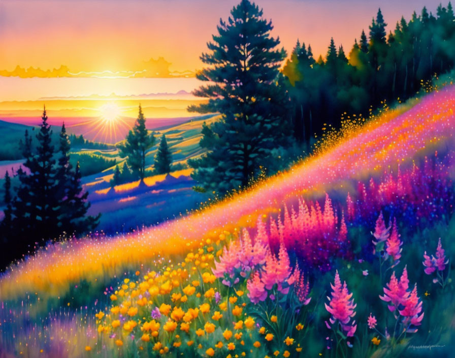 Colorful Sunset Painting with Wildflowers and Evergreen Trees