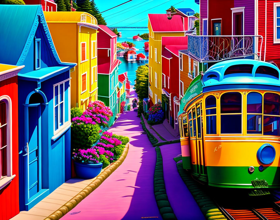 Colorful houses, tram, flowers on cobblestone street under blue sky