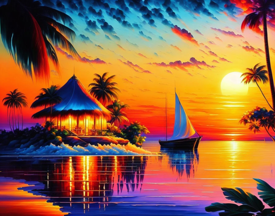 Tropical beach sunset with gazebo, palm trees, sailboat, vibrant colors