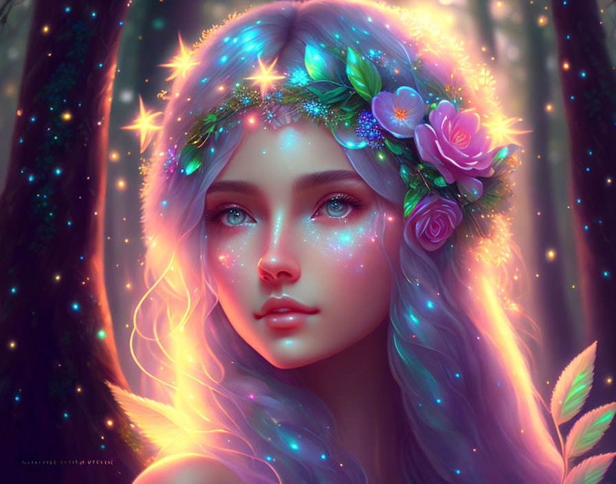 Illustration of young woman with blue eyes in enchanted forest.