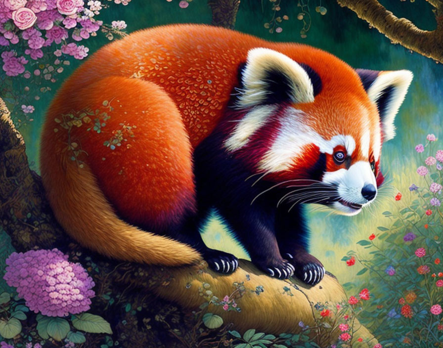 Detailed illustration: Red panda in lush foliage with vibrant flowers