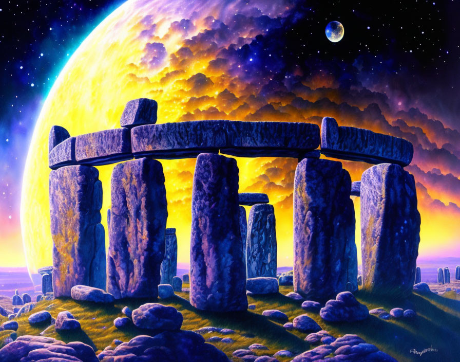 Mystical Stonehenge artwork with cosmic sky and planet