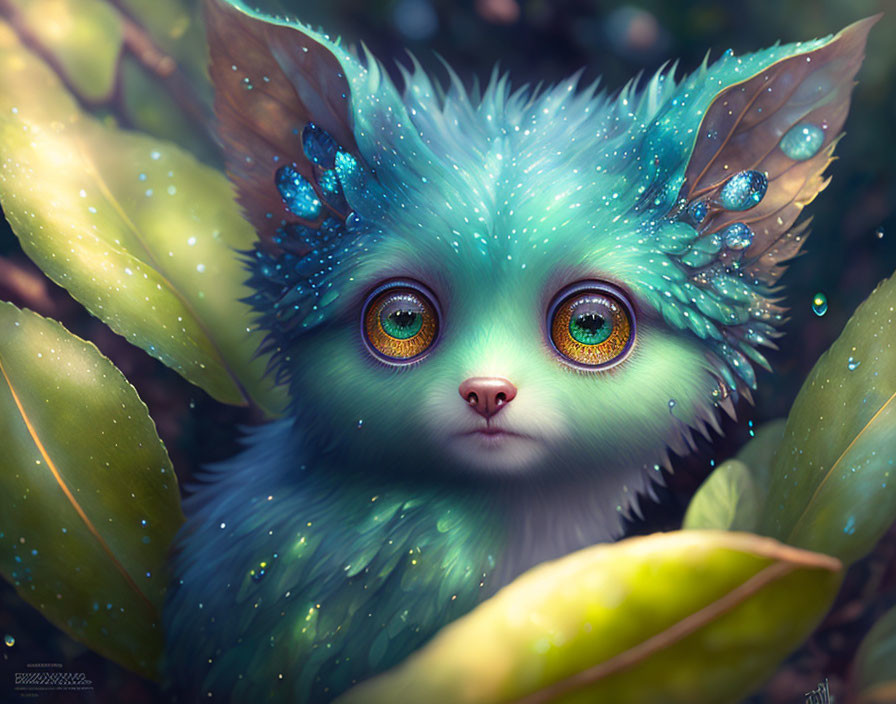 Green furry creature with expressive eyes in lush foliage.