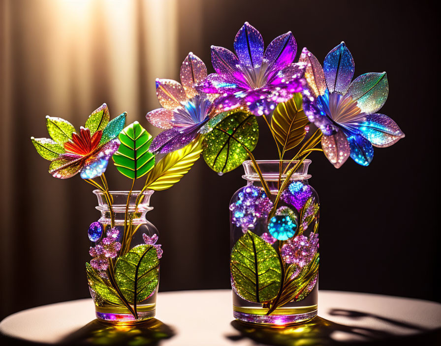 Colorful illuminated crystal flower vases on table with soft glow