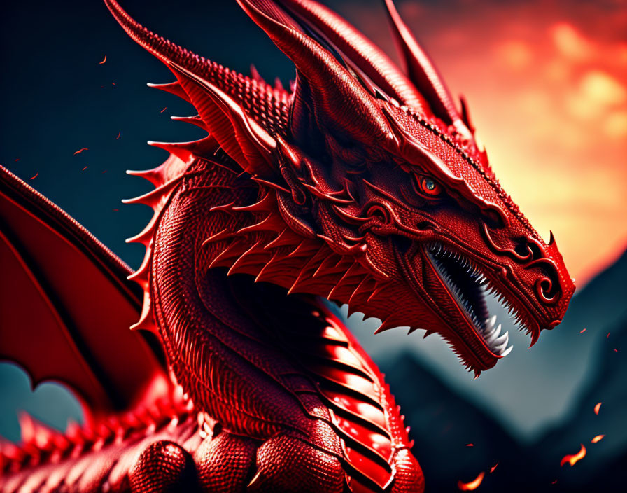 Detailed Illustration: Fierce Red Dragon with Sharp Scales and Large Wings