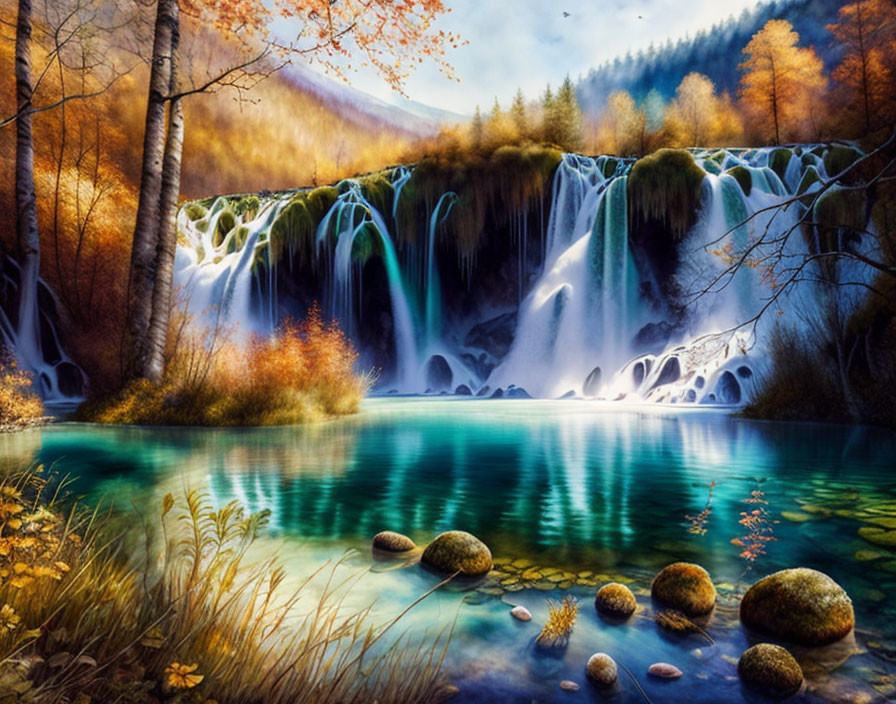 Tranquil forest waterfall with autumn trees and turquoise lake