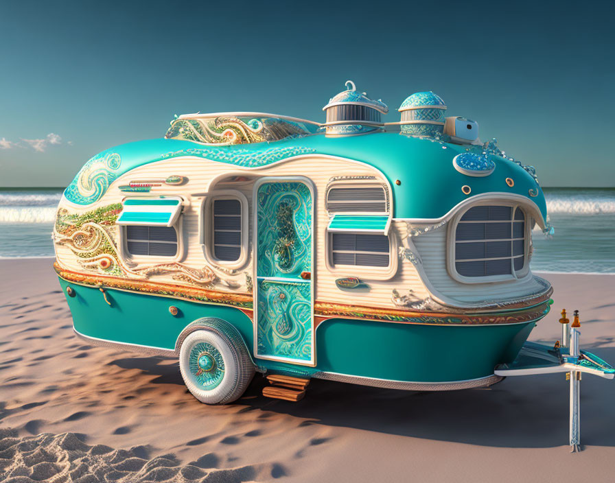 Teal Caravan with Golden Accents on Tranquil Beach