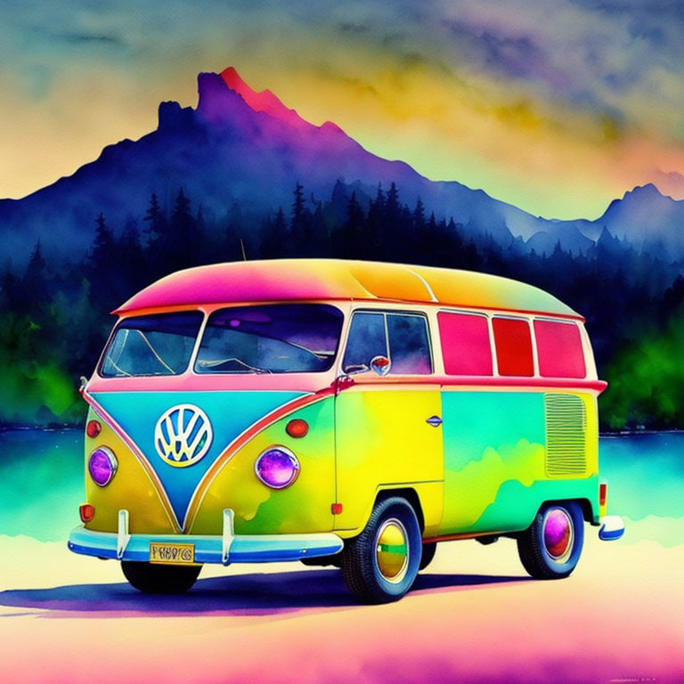 Vintage Volkswagen bus by serene lake with mountains - colorful artistic style