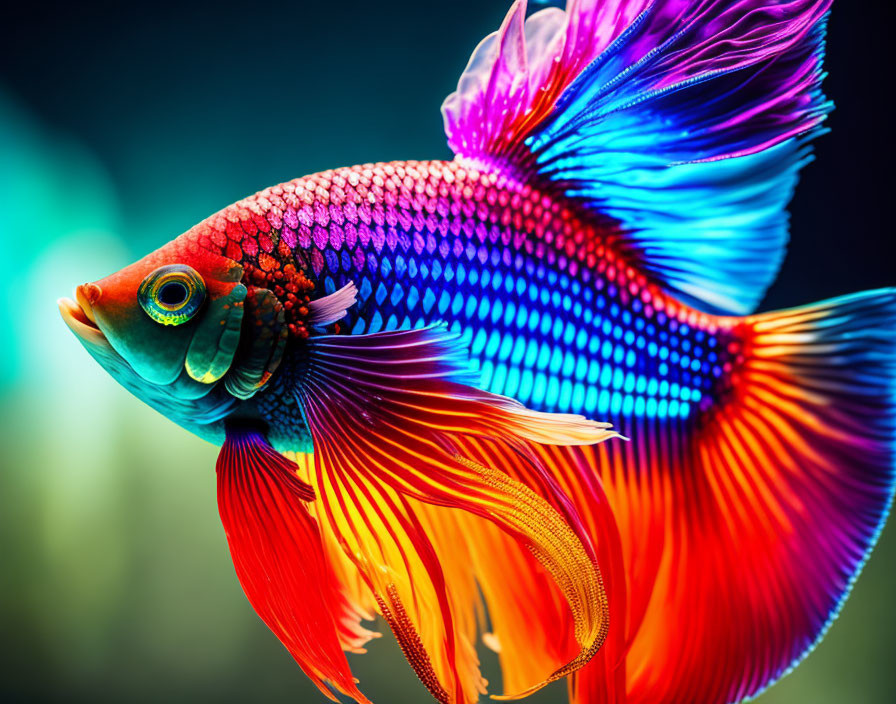 Colorful Betta Fish with Red, Blue, and Purple Scales on Turquoise Background