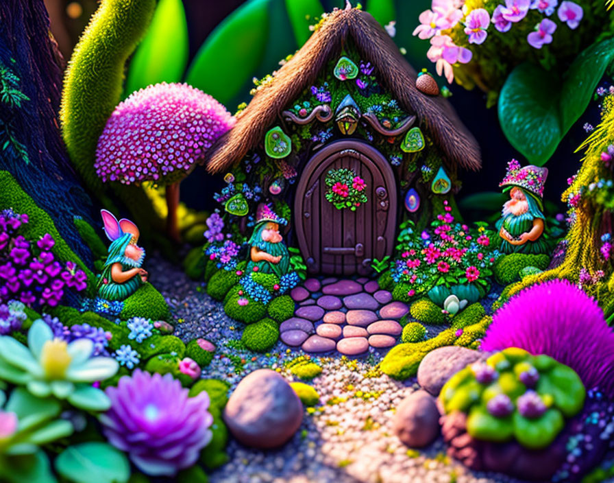 Whimsical garden scene with fairy-tale cottage, flowers, gnomes, and butterfly