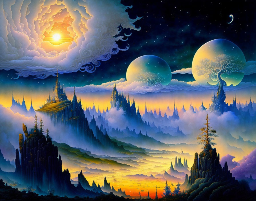 Vibrant twilight landscape with floating islands, spires, moons, and intricate sun