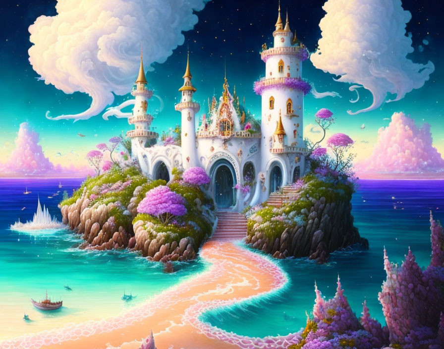 Fantastical castle on island in purple sea at sunset