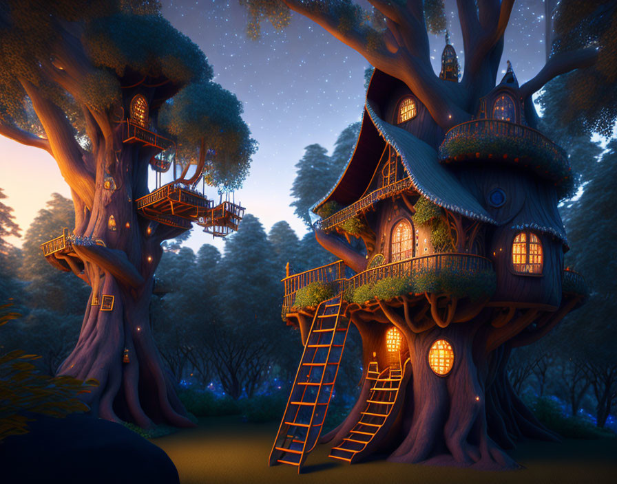 Enchanting treehouse nestled among towering trees at twilight