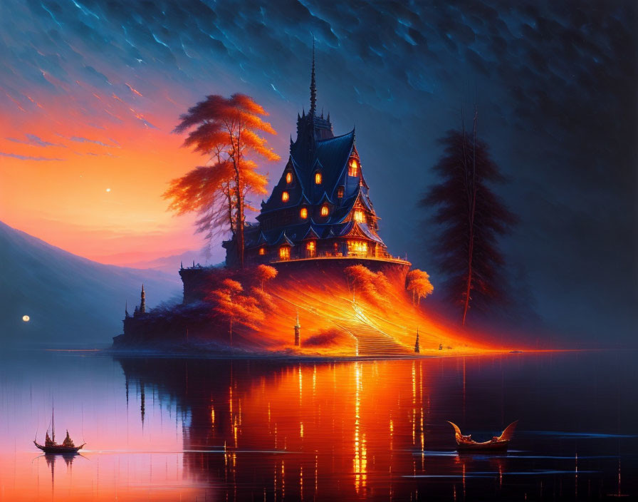 Majestic castle at dusk on lakeshore with glowing orange light