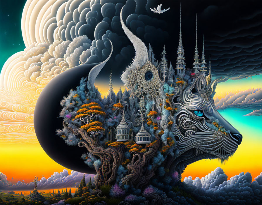 Surreal wolf head in vibrant landscape with intricate patterns