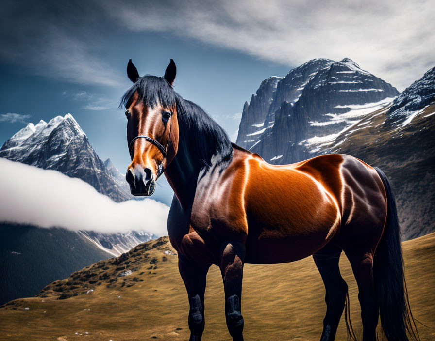 Brown horse with black mane against snow-capped mountains under blue sky