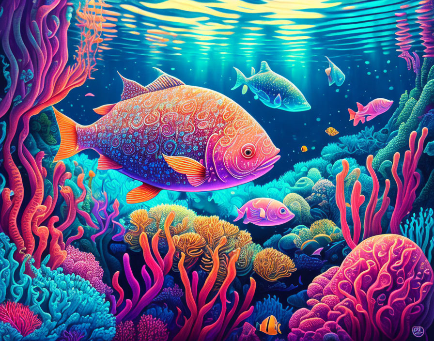 Colorful Coral Reefs and Patterned Fish in Vibrant Underwater Scene