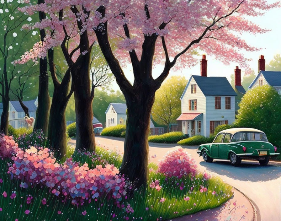 Tranquil suburban street with pink cherry trees, quaint houses, and classic green car.