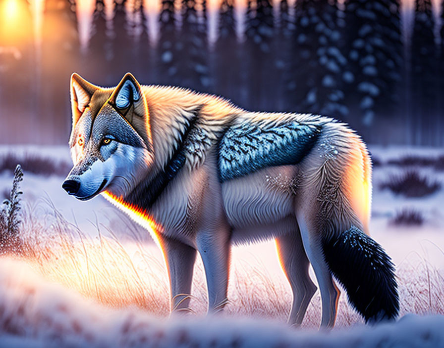 Majestic wolf in snowy twilight landscape with warm light glow