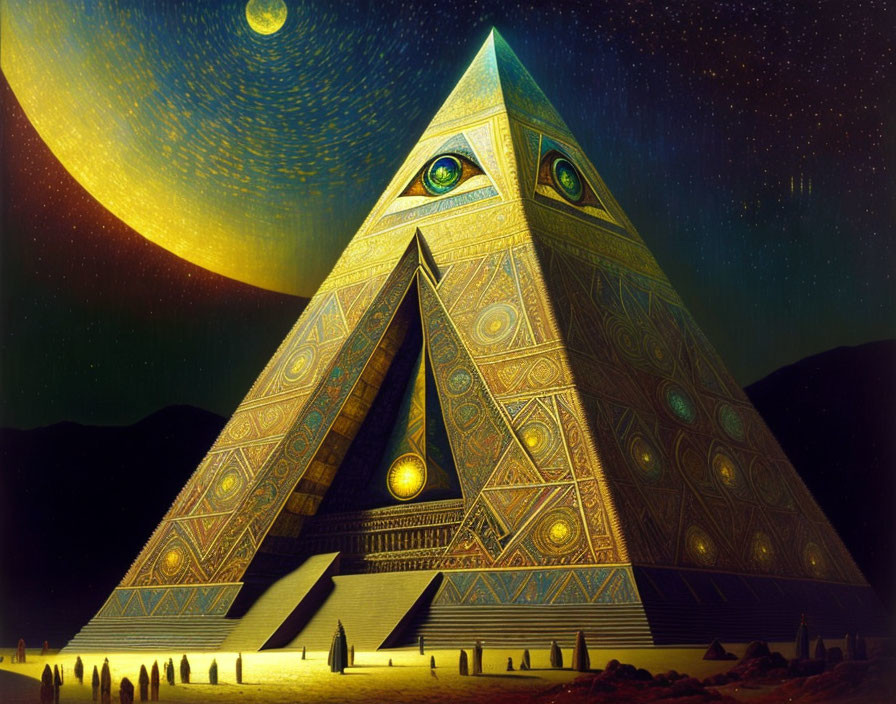 Golden Pyramid with Eyes under Starry Sky and Radiant Planet - Figures Near Base