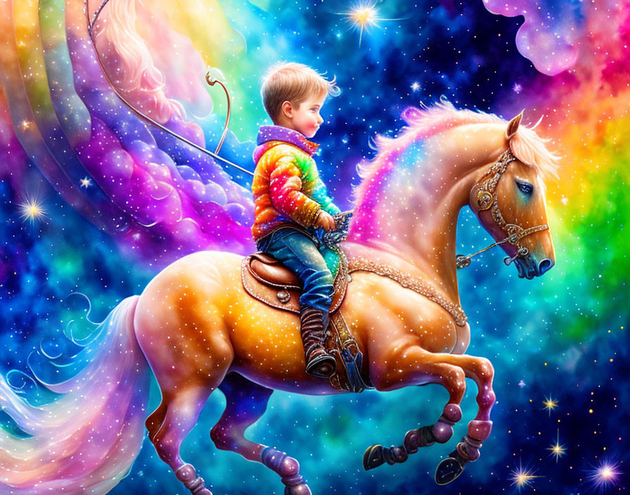 Child riding majestic horse in vibrant cosmic fantasy scene