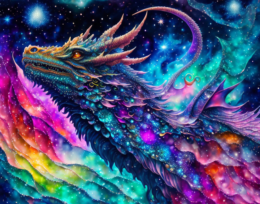 Vibrant mythical dragon digital art on cosmic background