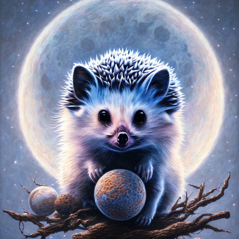 Illustrated hedgehog on branch with large moon and distant planets