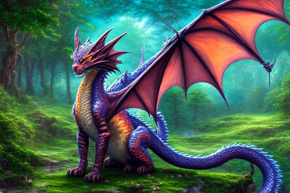 Blue and Orange Dragon in Lush Forest Clearing with Flying Companion