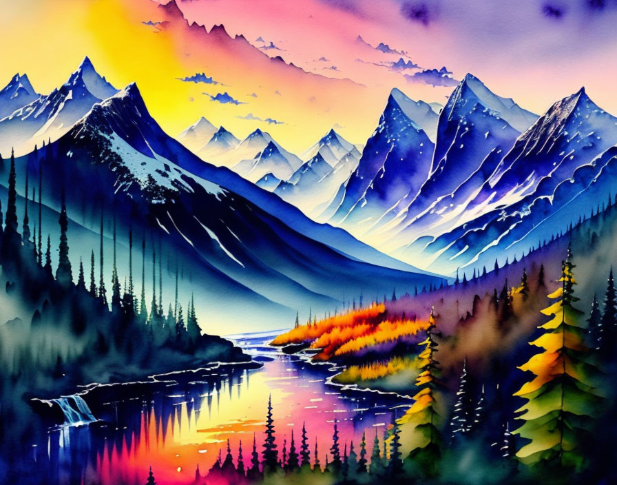 Colorful Watercolor Landscape: Snow-capped Mountains, River, and Forests