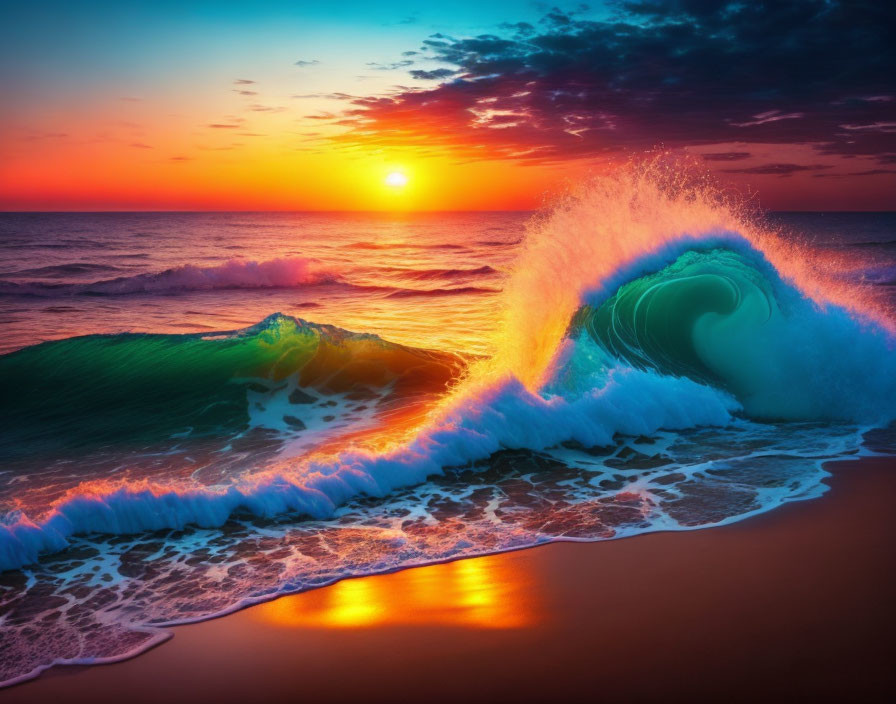 Scenic ocean sunset with crashing wave and warm colors