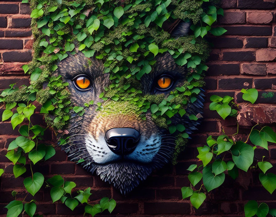 Wolf's Face Blending into Brick Wall with Ivy Leaves and Orange Eyes