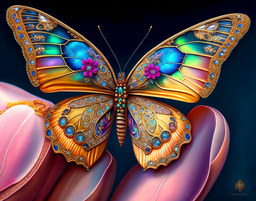 Colorful Butterfly with Jewel-like Patterns Resting on Pastel Petals