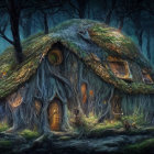 Enchanting forest scene with fairy tale treehouses & glowing mushrooms