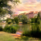 Tranquil landscape with vibrant stream, red buildings, and cherry blossoms