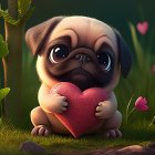 Animated pug with pink heart in lush greenery & flowers