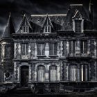 Dilapidated Victorian mansion in mist with eerie lights