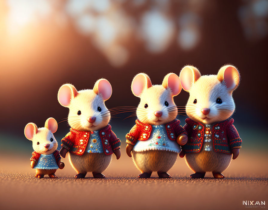 Four Cute Animated Mice in Colorful Sweaters on Softly Lit Surface