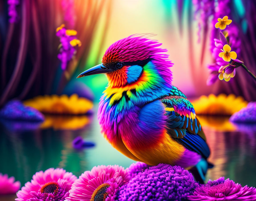 Colorful Bird Among Flowers Reflected in Water