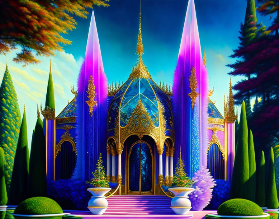 Majestic purple gate in vibrant fantasy landscape